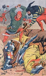 Vlaamse burgers, vechtend te voet, verslaan de goed gepantserde en bereden Franse Ridders bij de Slag van de Gulden Sporen bij Kortrijk in 1302, c.1900